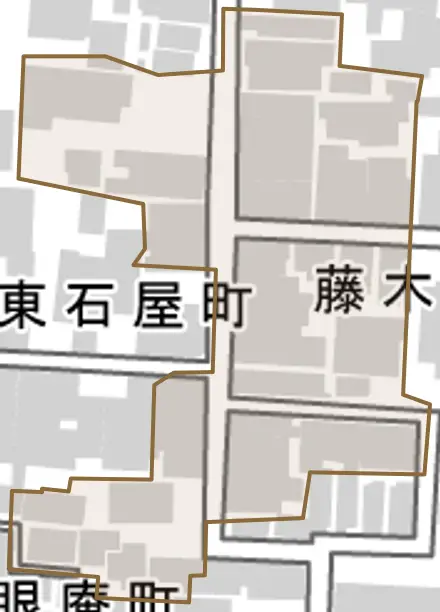 藤木町とその周辺の地図。町の範囲を重ねている