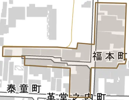 福本町とその周辺の地図。町の範囲を重ねている