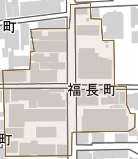 福長町とその周辺の地図。町の範囲を重ねている