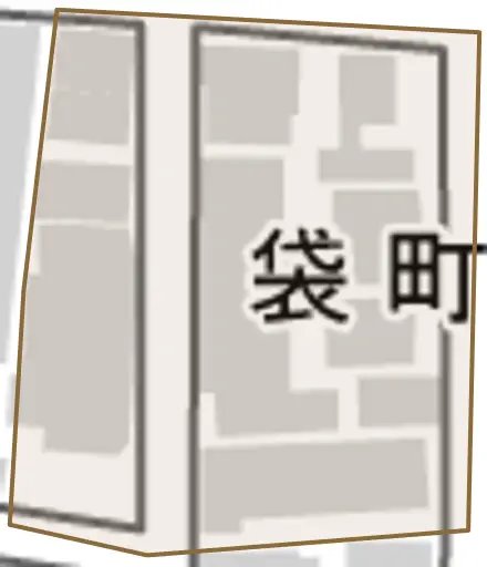 袋町とその周辺の地図。町の範囲を重ねている