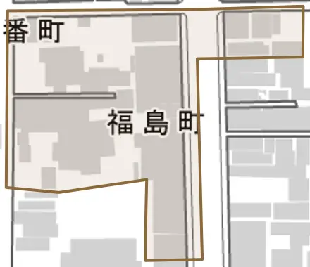 福島町とその周辺の地図。町の範囲を重ねている