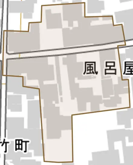 風呂屋町とその周辺の地図。町の範囲を重ねている