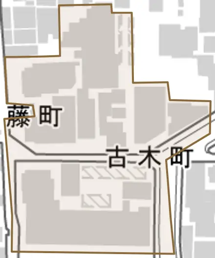 古木町とその周辺の地図。町の範囲を重ねている