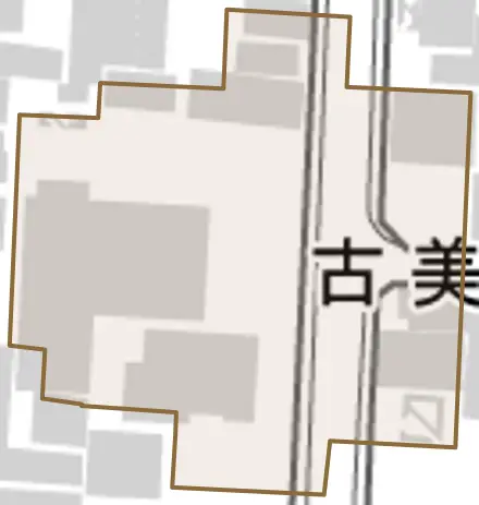 古美濃部町とその周辺の地図。町の範囲を重ねている