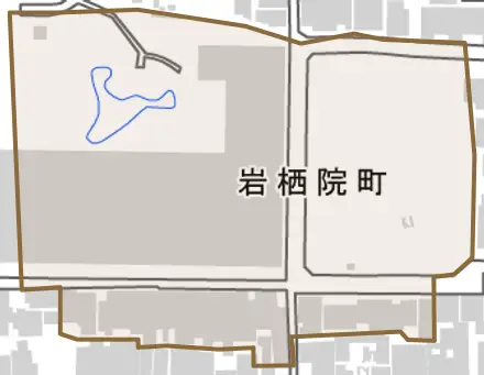 岩栖院町とその周辺の地図。町の範囲を重ねている