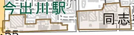 玄武町とその周辺の地図。町の範囲を重ねている