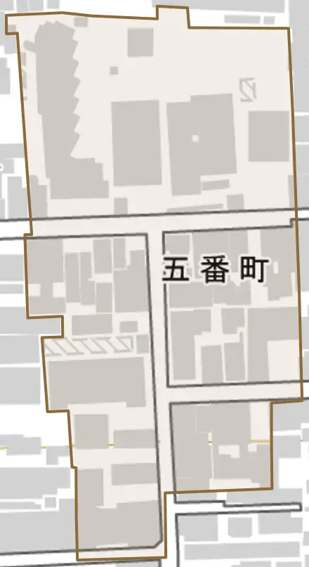五番町とその周辺の地図。町の範囲を重ねている