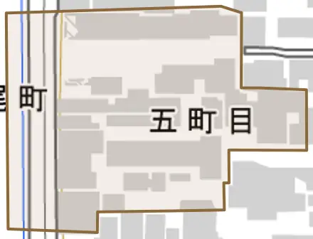 五町目とその周辺の地図。町の範囲を重ねている