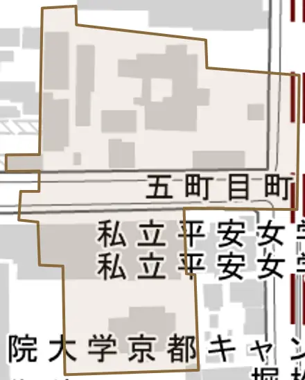 五町目町とその周辺の地図。町の範囲を重ねている