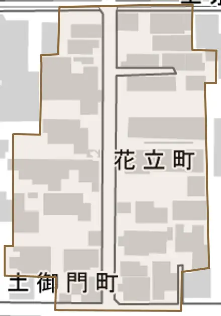 花立町とその周辺の地図。町の範囲を重ねている