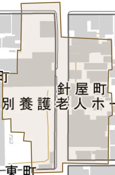 針屋町とその周辺の地図。町の範囲を重ねている