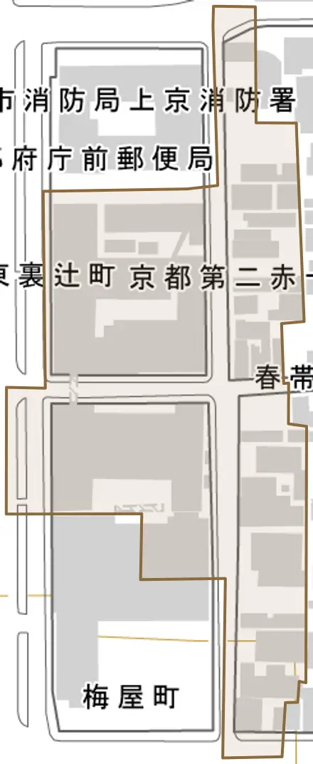 春帯町とその周辺の地図。町の範囲を重ねている