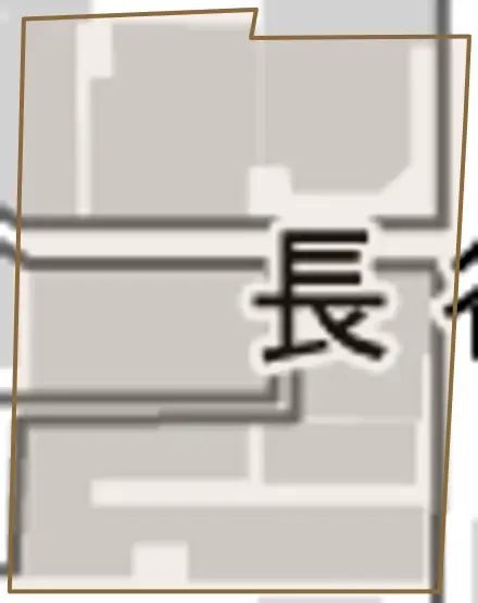 長谷町とその周辺の地図。町の範囲を重ねている