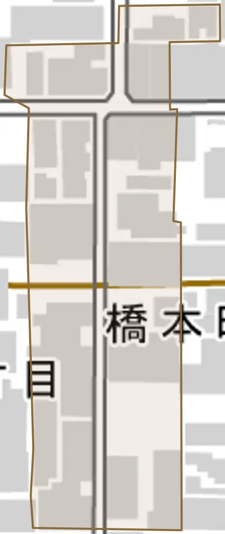 橋本町とその周辺の地図。町の範囲を重ねている