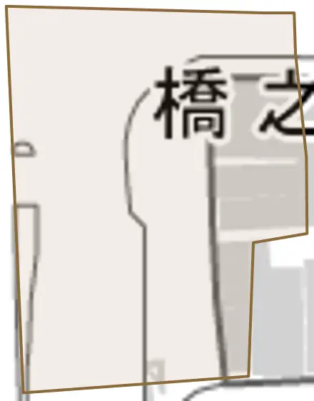 橋之上町とその周辺の地図。町の範囲を重ねている