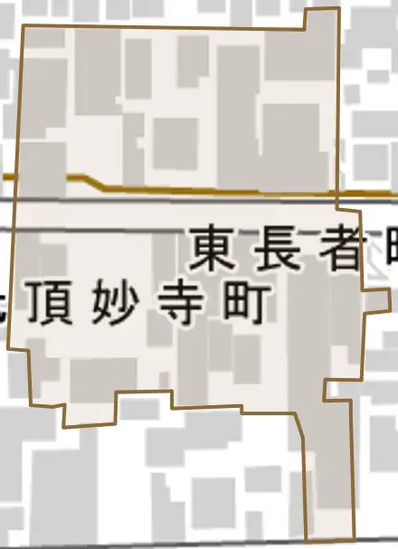 東長者町とその周辺の地図。町の範囲を重ねている