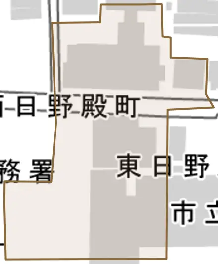 東日野殿町とその周辺の地図。町の範囲を重ねている