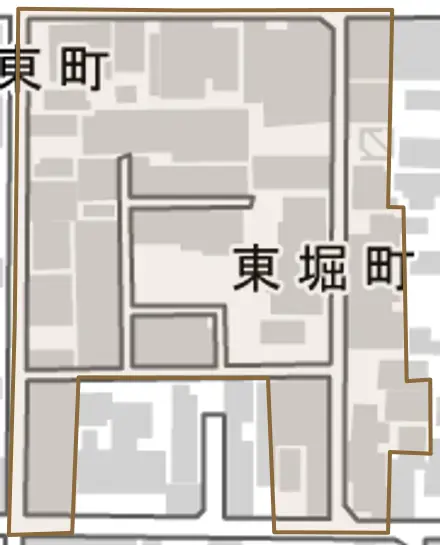 東堀町とその周辺の地図。町の範囲を重ねている