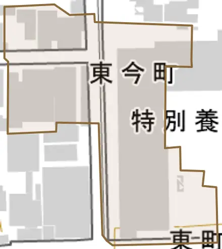 東今町とその周辺の地図。町の範囲を重ねている
