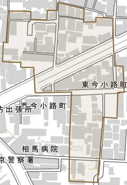 東今小路町とその周辺の地図。町の範囲を重ねている