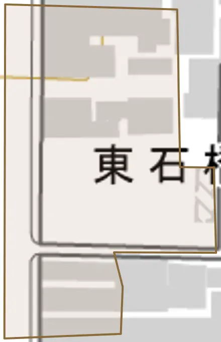 東石橋町とその周辺の地図。町の範囲を重ねている