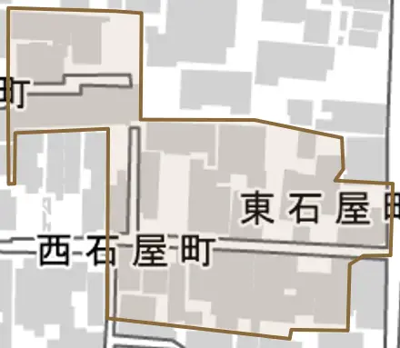 東石屋町とその周辺の地図。町の範囲を重ねている