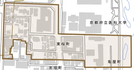 東桜町とその周辺の地図。町の範囲を重ねている