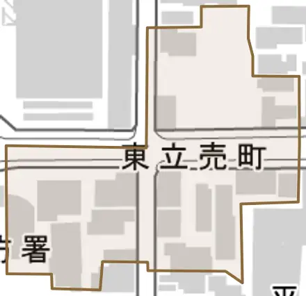 東立売町とその周辺の地図。町の範囲を重ねている