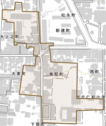 東竪町とその周辺の地図。町の範囲を重ねている