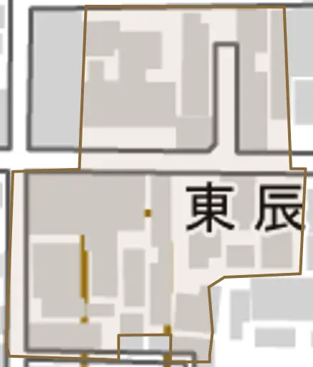 東辰巳町とその周辺の地図。町の範囲を重ねている