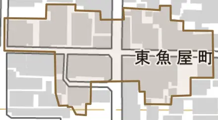東魚屋町とその周辺の地図。町の範囲を重ねている