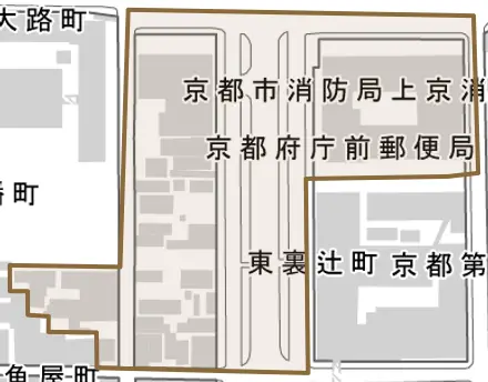 東裏辻町とその周辺の地図。町の範囲を重ねている