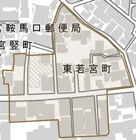 東若宮町とその周辺の地図。町の範囲を重ねている