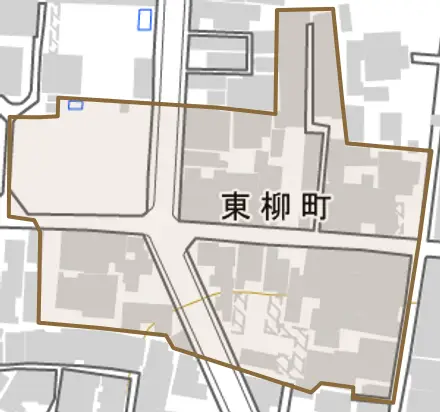 東柳町とその周辺の地図。町の範囲を重ねている