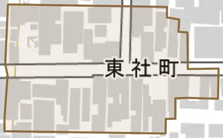 東社町とその周辺の地図。町の範囲を重ねている