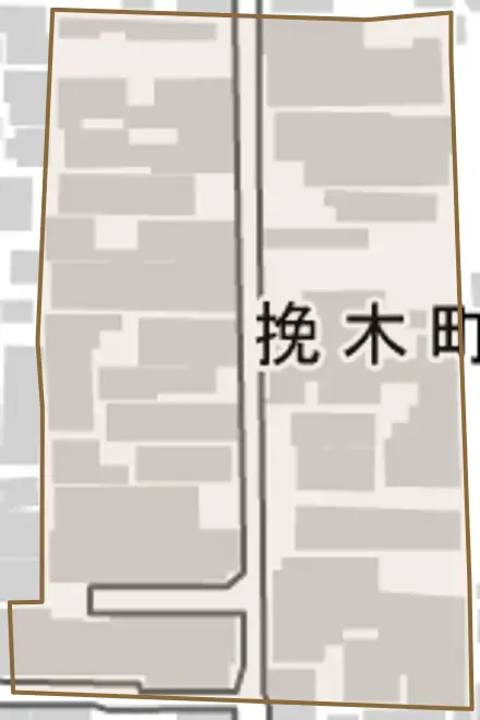 挽木町とその周辺の地図。町の範囲を重ねている