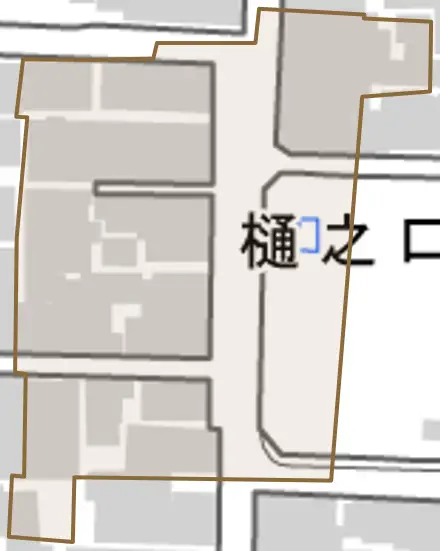 樋之口町とその周辺の地図。町の範囲を重ねている
