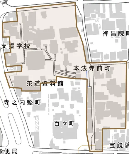本法寺前町とその周辺の地図。町の範囲を重ねている