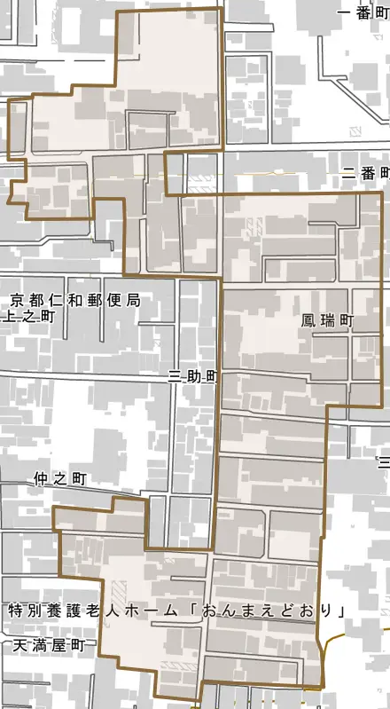 鳳瑞町とその周辺の地図。町の範囲を重ねている