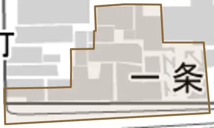 一条横町とその周辺の地図。町の範囲を重ねている