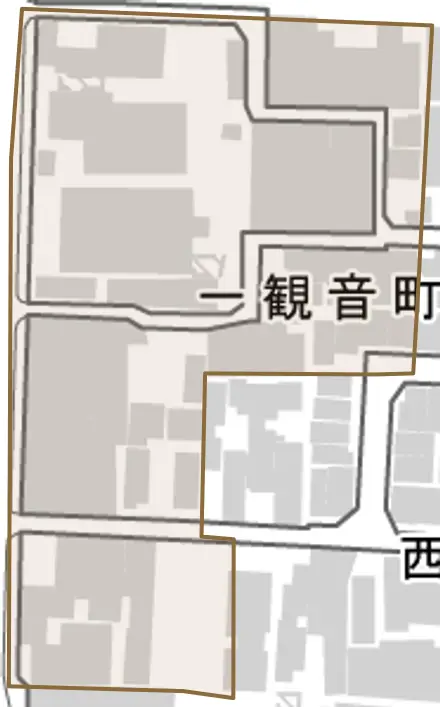 一観音町とその周辺の地図。町の範囲を重ねている