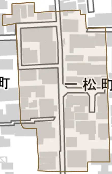 一松町とその周辺の地図。町の範囲を重ねている