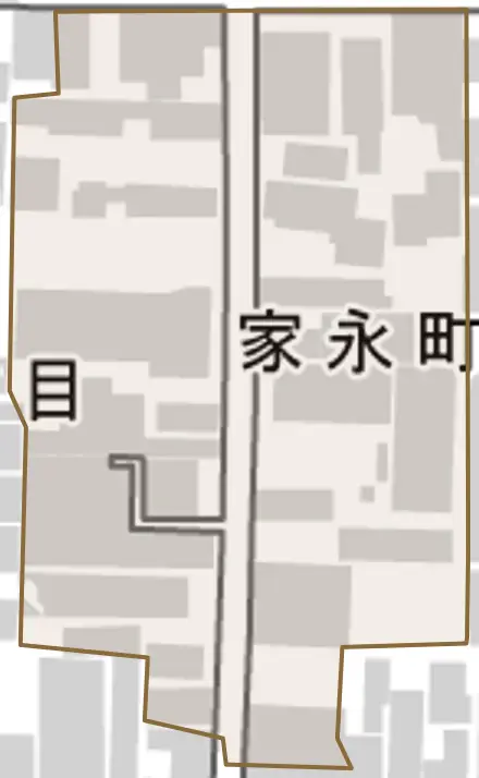 家永町とその周辺の地図。町の範囲を重ねている