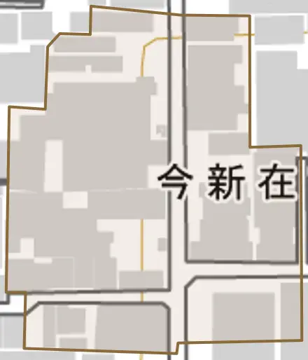 今新在家町とその周辺の地図。町の範囲を重ねている
