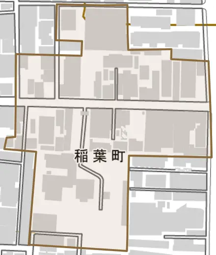 稲葉町とその周辺の地図。町の範囲を重ねている