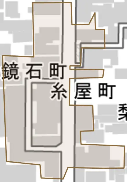 糸屋町とその周辺の地図。町の範囲を重ねている