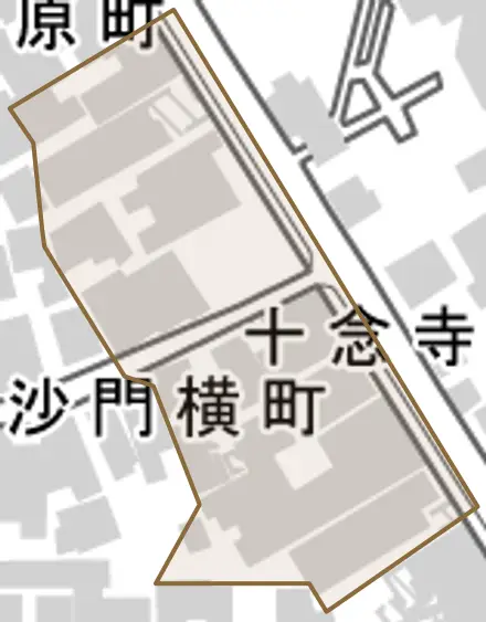 十念寺前町とその周辺の地図。町の範囲を重ねている
