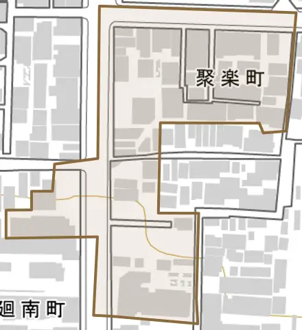 聚楽町とその周辺の地図。町の範囲を重ねている