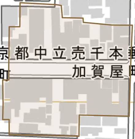 加賀屋町とその周辺の地図。町の範囲を重ねている