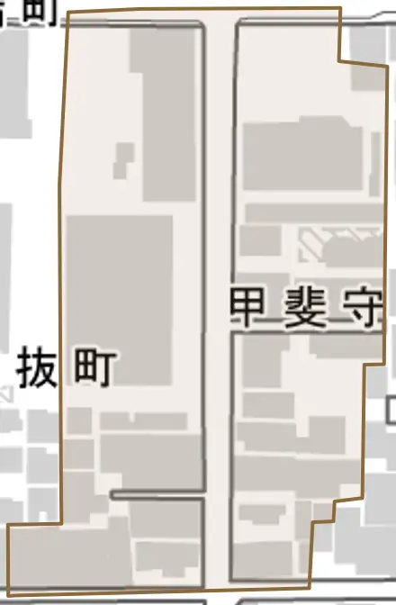 甲斐守町とその周辺の地図。町の範囲を重ねている